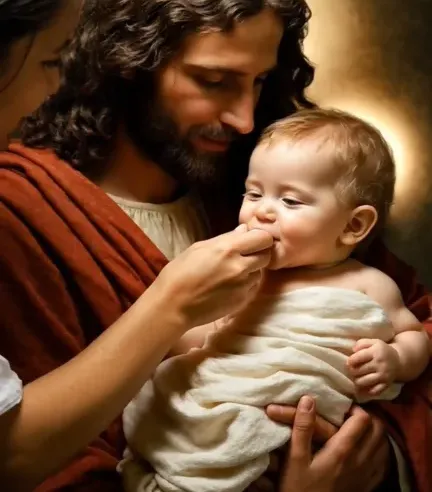 Jesus and happy baby.